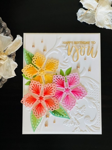 Spellbinder, Stitched Flower Etched Dies from the Spring Into Stitching Collection, Die Cutting, Yellow, Pink, Orange, Birthday Card, A2 Card, Die Cutting, Embroidery, Embossing Folder, Altenew