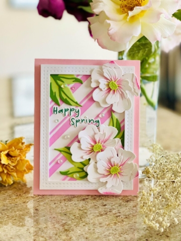 Simon Says Stamps, Magnolia Die Set, White, Pink, Happy Spring Card, A2 Card, Die Cutting