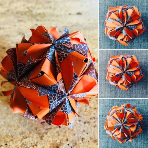 Origami, Kusudama, Selene Sonobe Variation, Maria Sinayskaya, Orange, Blue