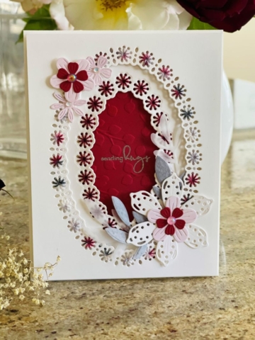 Spellbinder, Small Die Club of the Month, Oval Stitch & Border, Red, Sending Hugs Card, A2 Card, Stitched Card, Die Cutting, Flowers, Embroidery
