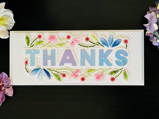 Spellbinder, Small Die Club of the Month, Stitched Thanks, Die Cutting, Thank You Card, Slimline Card, Embroidery, Multi Color, Diamond Plaid Embossing Folder