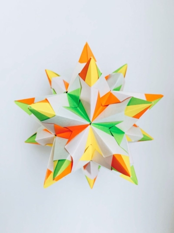 Origami, Kusudama, Bascetta Star, Paolo Bascetta, Green, Orange, Yellow, White